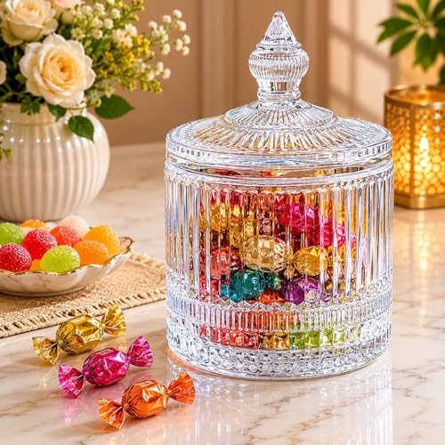 Image of bellemax 370 ML Ribbed Glass Candy Jar with Lid | Transparent Decorative Storage Container for Candy, Cookies, Chocolates, Dry Fruits & Snacks | Elegant Kitchen & Dining Organizer | Pack of 1