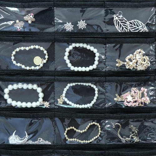 Image of Earring Organizer for Women | Hanging Jewellery Organiser with 48 Double-Sided Transparent Pockets | Earrings Holder, Necklace, Bangle Organizer | Jewelry Storage Organizer for Wardrobe Closet (Black)