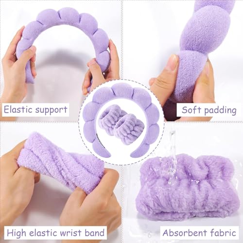 Image of Spa Headband and Wristband Set, Face Wash Headband Makeup Skincare Headband Wrist Bands Washing Face for Preppy Skincare Women Girl (Spa Headband - Perple)