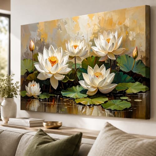 Image of KunjCart White Lotus Wall Painting Big Size (FRAMED & UNFRAMED OPTIONS )- Artistic Lotus Painting for Wall Vastu Landscape, Lotus Flower Painting for Living Room, Bedroom & Home, Luxury Lotus Canvas Painting
