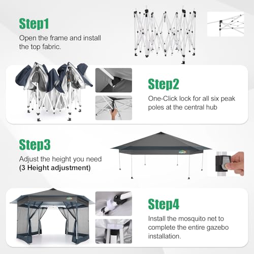 Image of COBIZI 16x16 Pop Up Gazebo Tent with Mosquito Netting, Gazebos on Clearance, Hexagonal Outdoor Canopy Shelter, Patented Center Lock 6-Sided Portable Gazebos, Pop Up Canopy Tent for Backyard, Gray
