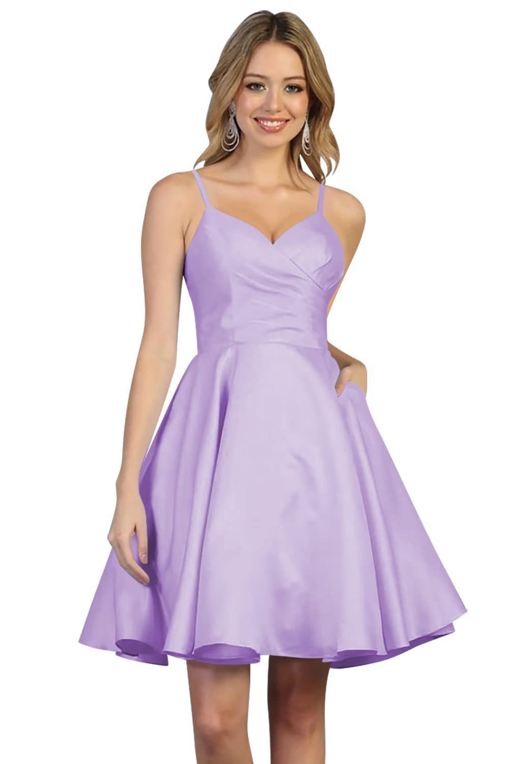 WSEYU Mini A Line Homecoming Dresses V Neck Satin Formal Party Dresses with Pockets Backless Prom Gowns for Teens Lilac UK10