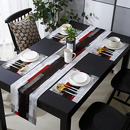Black Grey Red Placemats Set Of 6 With Table Runners 70 Inches Long,Non Slip Washable Farmhouse Table Mats Sets, Abstract Geometry Dining Coffee Table Runner And Placemat Set #TOP1
