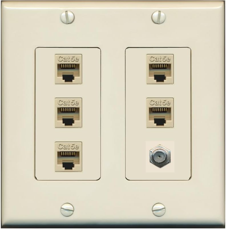 RiteAV 5 Port Cat5e Ethernet and 1 x Coax Wall Plate - 2 Gang [Light-Almond]