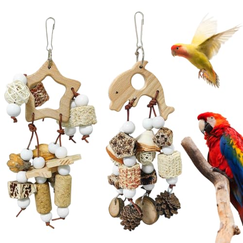 2 Pcs Parrot Toys, Budgie Toys with Natural Corn Cob and Wooden Blocks