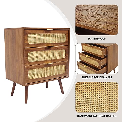 Image of QHITTY Drawer Dresser, Rattan Chest of Drawers with 3 Drawers Dresser, Accent Storage Cabinet Modern Bedside Table for Living Room, Entryway (Walnut)