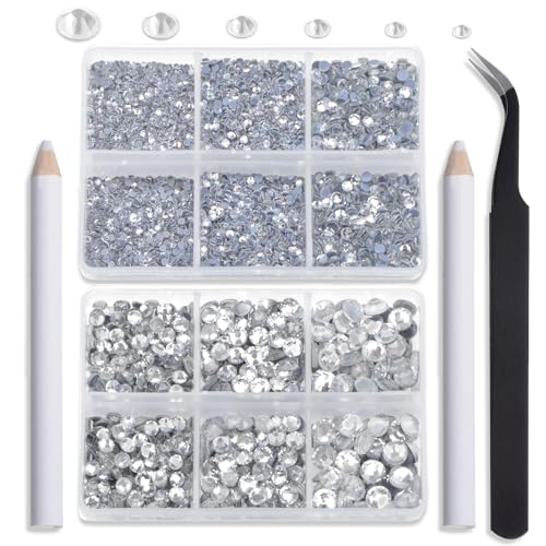 NCB Hotfix Iron on 8000pcs Crystal Rhinestones Round Gem for Crafts Decoration DIY Jewelry Making with a Tweezers and 2 Picking pens (Clear Crystal, 6Sizes SS4-SS30)