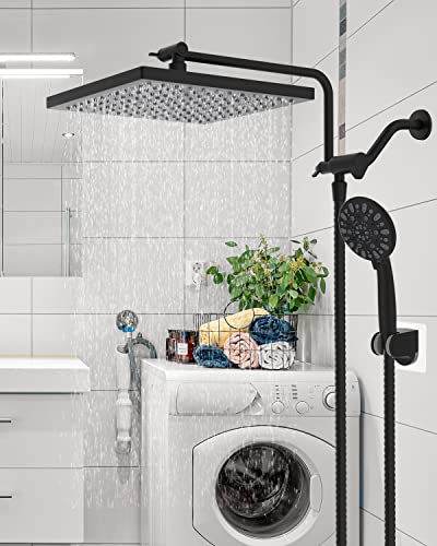 Hibbent Metal Shower Head, 10'' High Pressure Rainfall Shower Head/Handheld Showerhead Combo With 12'' Adjustable Shower Extension Arm, 7-Spray, 71'' Hose, Showerhead Holder, Matte Black #TOP7