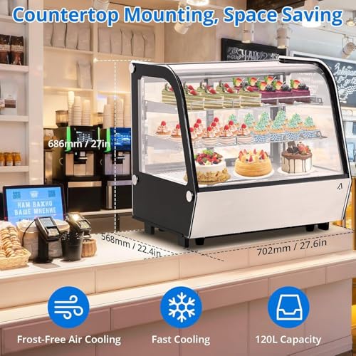 Image of 6.5 Cu.Ft Countertop Refrigerated Display Case - Commercial Bakery Refrigerator with LED Lighting, Auto Defrost & Sliding Glass Door for Cafe, Restaurant, Dessert Display