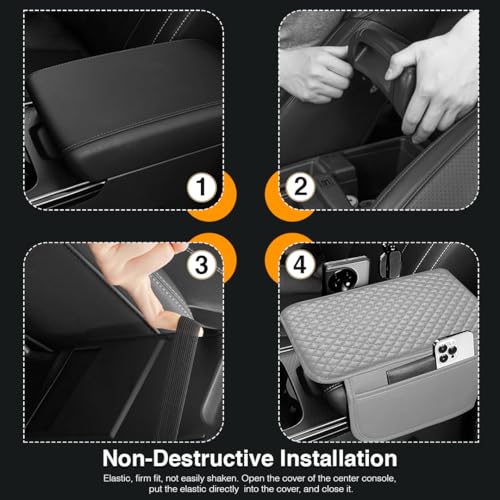 Image of Lyrovo PU Leather Car Armrest Cushion Pad With Side Pockets, Universal Fit for All Car (Grey)
