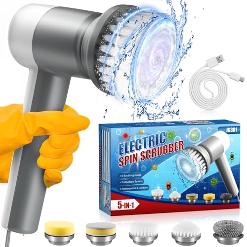 Rechargeable Electric Spin Scrubber with 5 Replaceable Brush Heads, 2 Adjustable Speeds Portable Electric Cleaning Brush, Cordless Power Scrubber for Bedroom, Kitchen, Sink, Floor, Bathtub and Wall
