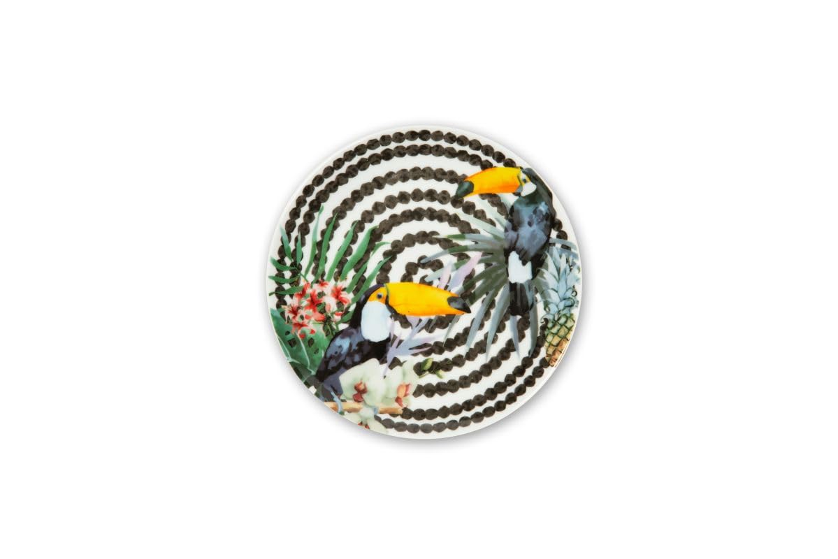 Excelsa Tropical Chic Set 6 Piattini in Porcellana per Aperitivo e Dessert, Decorazioni Tropicali