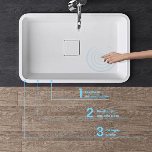Miniatura 2 de Doporro Lavabo Encastrado Para Baños 53x33x10,5cm Blanco Mate De Mármol Fundido Rectangular Con Tapa Desagüe