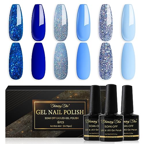 Shining She Smalto Semipermanente Unghie Blu,6 Colori Serie Oceanica Azzurro Blu Zaffiro Glitter Smalti Semipermanenti per Unghie Soak-Off UV Smalto Unghie per...