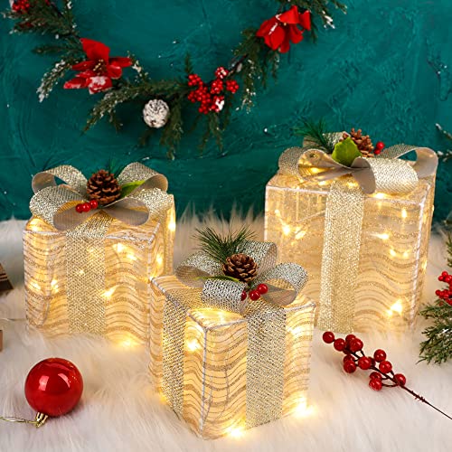 Atdawn Set Of 3 Lighted Gift Boxes Christmas Decorations, Silver Bow Pre-Lit Present Boxes, Christmas Home Gift Box Decorations #TOP6