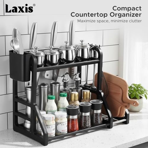 Image of LAXIS 2-tier Spice Rack Kitchen Organizers And Storage Multipurpose Kitchen Decor & Kitchen Storage Rack Kitchen Organizer With Hanging Hooks Countertop Organiser Utensil Stand and organizer rack