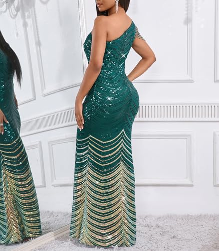 Image of Cololura Women Sequin Elegant Sexy One Shoulder Tassel Mermaid Bodycon Cocktail Evening Dress