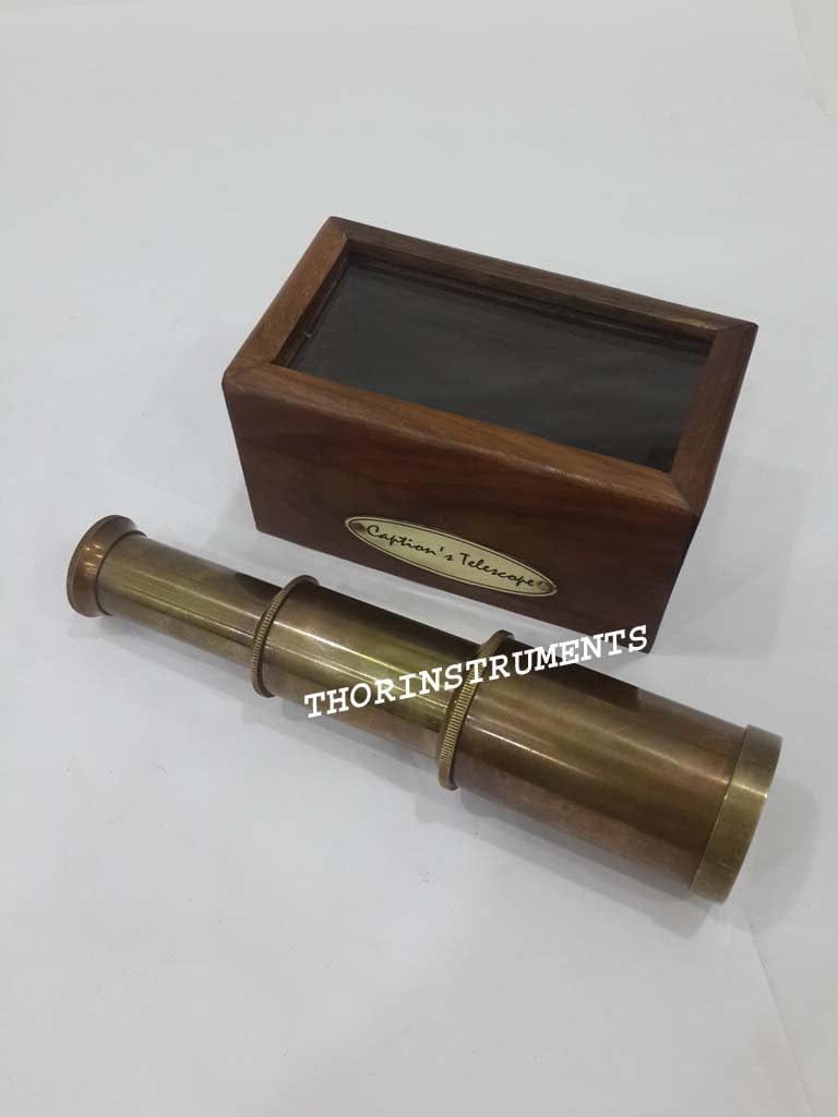 Marine Antique Brass Telescope Brown Glass Wooden Box Nautical Gifts Rustic Vintage Home Decor Gifts