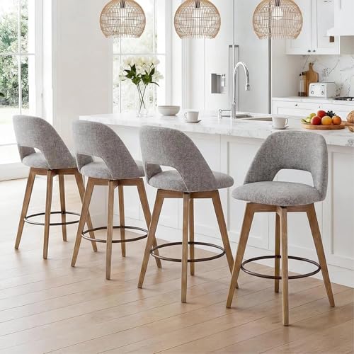 Image of Zesthouse Swivel Counter Height Bar Stools Set of 4, 26 inch Wooden Bar Stools with Back & Weathered Wood Legs, Upholstered Linen Fabric Barstools, Vintage Farmhouse High Chairs for Island Kitchen, Grey