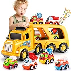 TEMI Construction Truck Toys for 3 4 5 6 Year Old Boys, 5-in-1 Friction Power Toy for Kids 3-5, Carrier Truck Cars for…