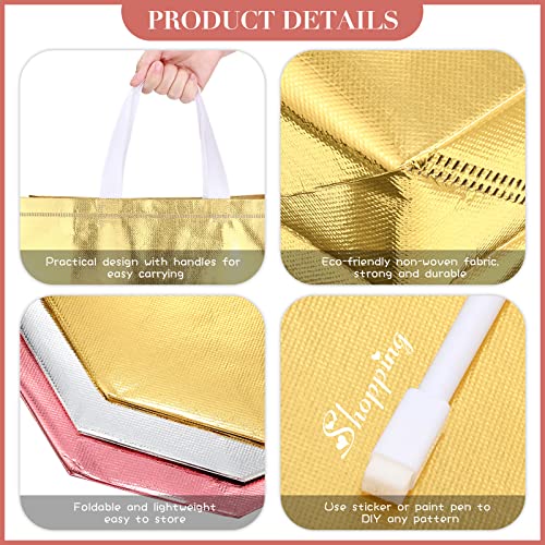 Weewooday 30 Pieces Glossy Reusable Grocery Bag Gift Bags With Handles For Wedding (Gold, Rose Gold, Silver,12.6 X 4.72 X 11.02 Inch) #TOP2