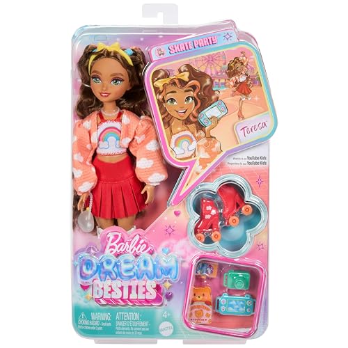 Barbie Dream Besties Teresa Poupée articulée aux Cheveux Bruns pratiquant Le Roller, avec 9 Accessoires sur Le thème des Jeux vidéo, JFX98