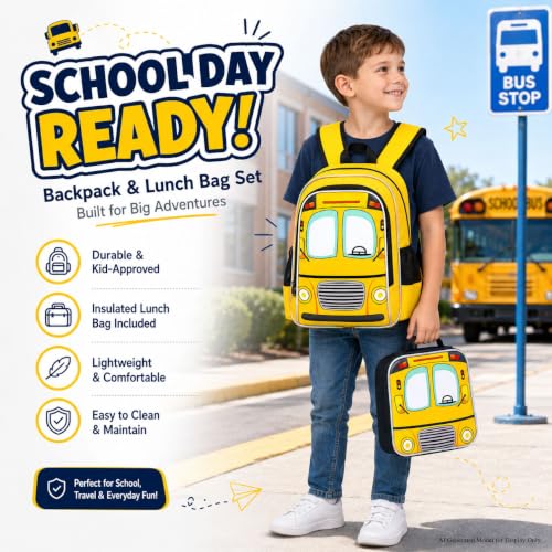 Image of WZLVO 3PCS Bus Bookbag for Boys, 16 inch Cool UV Printing Kids Backpack /School Bag with Lunch Box & Pencil Bag for Preschool to Elementary - Yellow Bus