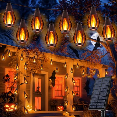 Joomer Halloween Solar Lichterkette Outdoor, 12.6M 15 Bulbs LED Orange Halloween Deko mit Flammeneffekt, Wetterfest Solar Flammenlicht Außen...