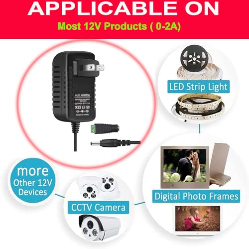 Image of Power Supply, 12V Power Transformers, AC 100-240V to DC 12V 2A Power Supply LED Adapter, 24 Watt Max, for LED Strip Neon Rope String Lights, Computer Project, Recorder, TV Screen