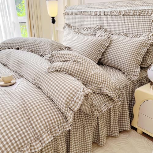 Image of LifeTB Queen Comforter Set Tan Gingham Comforter Ruffle Beige Taupe Plaid Comforter Set 3 Pieces Fluffy Vintage Checkered Grid Bed Comforter with 2 Pillowcases Gingham Bedding Set Queen