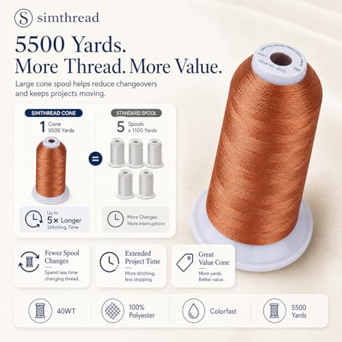 Image of Simthread 5500Yds /5000M 40WT Polyester Embroidery Thread Light Copper S013 | High-yardage 5000M spool offers smooth feeding and stable 40WT polyester thread for home and commercial embroidery machines.