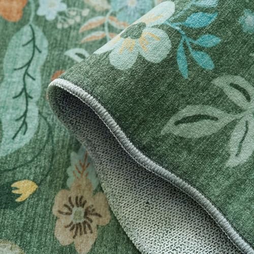 Hallway 3x6 Washable Runner Rug - Indoor Floral Scalloped Kitchen Entryway Low Pile Carpet Soft Non Slip Floor Mat for Bathroom Living Room Bedroom Elegant Home Decor(3x6 Floral/Green)