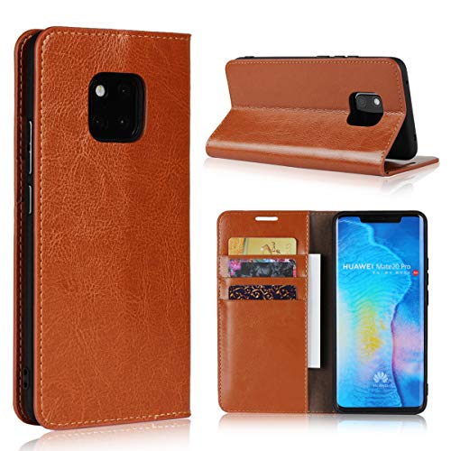iCoverCase Compatible with Huawei Mate 20 Pro Case, Genuine Leather Wallet Case [Card Slots] Flip Book Design Case with Viewing Stand (Khaki)