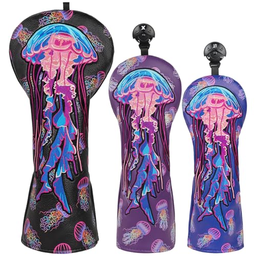 LZFAN Golf Club Head Covers Driver Fairway Wood Hybrid Golf Club Headcover Leather Protector Heavy Embroidered Colorful Jellyfish(1.F.H)
