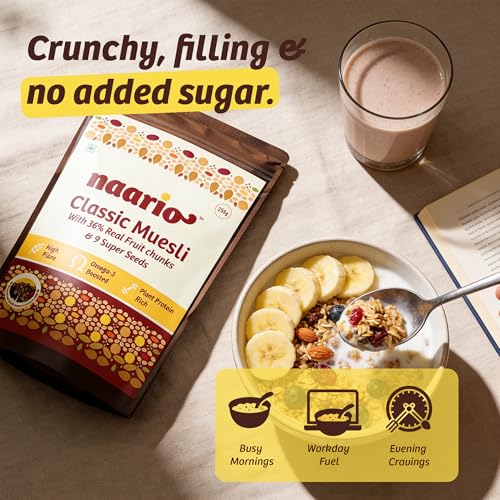 Image of Naario Classic & Chocolate Muesli Combo | No Added Sugar | Real Fruits & Nuts | High Fibre Breakfast Cereal | No Preservatives | Ready in 2 Minutes | 500g