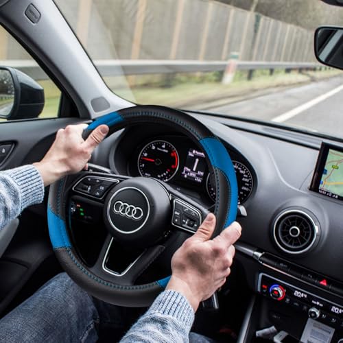 Image of Leather Car Steering Wheel Cover, Non-Slip Car Wheel Cover Protector Breathable Microfiber Leather Universal Fit for Most Cars (Blue-2)