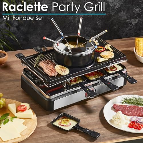Raclette Grill mit Fondue Set | 8-Personen Tischgrill | Elektro Raclettegrill mit Massiver Naturstein- und beschichteter Grillplatte | Heizelement aus Edelstahl – Bild 3