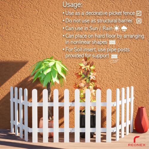 Image of 2 feet Tall (Height) Garden Decorative partition /Picket Fence - Set of 4 - Solid White PVC - Waterproof - with Pipe Posts for Support in Soil - 6feet 2inch Running Length (Boundary /Edging)