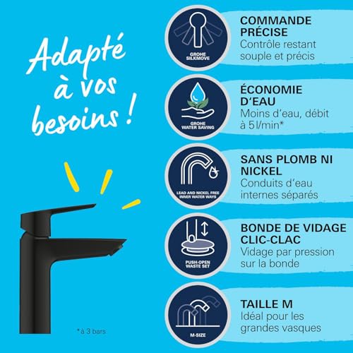 Robinet lavabo GROHE Start M noir mat : économie d'eau et pose QuickFix facile - 4