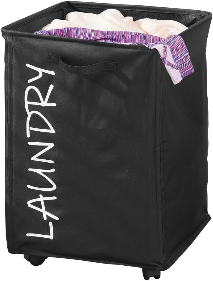 mDesign Fabric Laundry Hamper Basket with Handles, Drawstring Mesh Closure, Wheels - Portable and Foldable for Compact Storage - Single Hamper Design, Novelty Print - Black/White Lettering