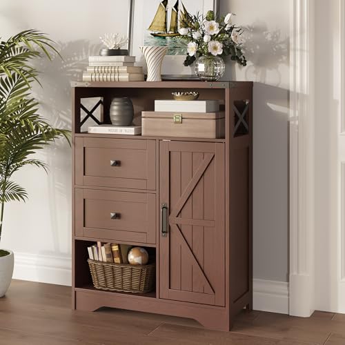 Fameill Farmhouse Storage Cabinet with 2 Drawers & Shelves,Freestanding Kitchen Cabinet with Doors,Floor Storage Organization for Living Room,Bathroom,Laundry,Red Walnut