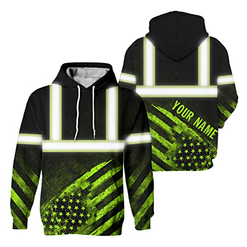 HiVis Custom Safety Hoodie Green US Flag Customize Name High Visibility Hoodie for Men Reflective Hoodie Hi Vis Construction Workwear for Runners, Walkers, Trucker, Operator, Patriotic-S 2