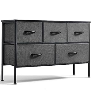 LINSY HOME Dresser for Bedroom with 5 Drawers, Fabric Long Dresser, Wide Chest of Drawers, Storage Organizer Unit for Closet, Living Room, Hallway, Nursery Dark Grey