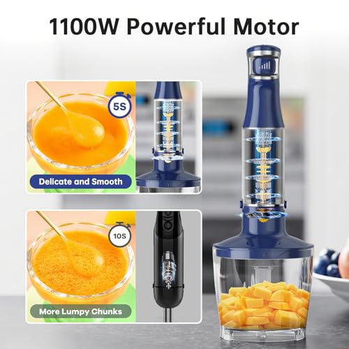 Image of Turelar Immersion Blender Handheld Corded Hand Blenders Set 1100W, Trigger Variable Speed 5 in 1 Stick Emulsifier with Chopper, Whisk and Frother for Soup, Baby Food and Smoothies, Navy Blue