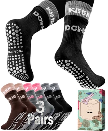Image of 3PCS Non-Slip Pilates Yoga Socks with Grips for Women - Stylish Crew Socks for Ballet, Dance, Workout, and Pregnancy