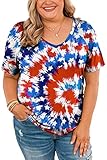 July Fourth Womens Plus Shirts Star Stripe Casual USA Flag Summer T-Shirt Tie Dye Stars 1XL