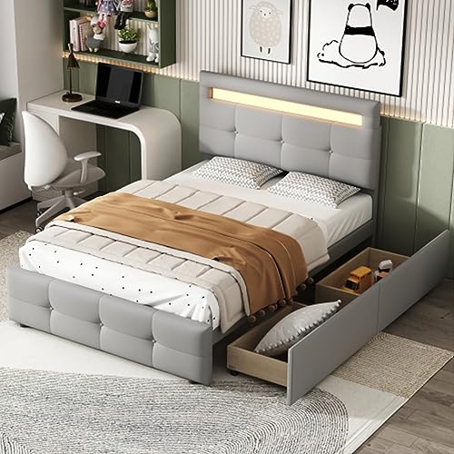 Cama Tapizada De 90x200 Cm Con Luces LED Y 2 Cajones Cama Juvenil Para Adultos Y Jóvenes Cama Con Espacio De Almacenamiento Cama Individual Ropa De Cama Infantil Tapizada Cama De Invitados Plana Grau