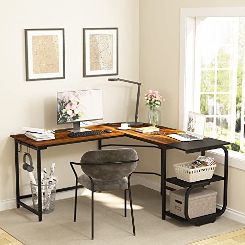 Merronix L Shaped Office Desk, Modern Reversible L Gaming Desk For Home Office, Spacious Desktop Corner Computer Desk, Teak #TOP1