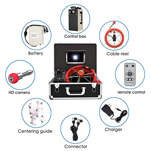Pipe Inspection Camera, Drain Sewer Camera IP68 Waterproof Industrial Pipeline Endoscope with Distance Counter 30M/100FT Cable Video Inspection Scope with 7 Inch TFT LCD Color Monitor (30M-DVR)