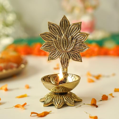 Image of Behoma 100% Pure Brass Lotus Diya for Puja | Kamal Deepak Deepam for Pooja Room, Tample,Mandir,Office | Deep for Home Decoration